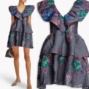 GANNI NWOT Cloque Jacquard Ruffled Sharkskin Gray/Multi Floral Mini Dress M $449